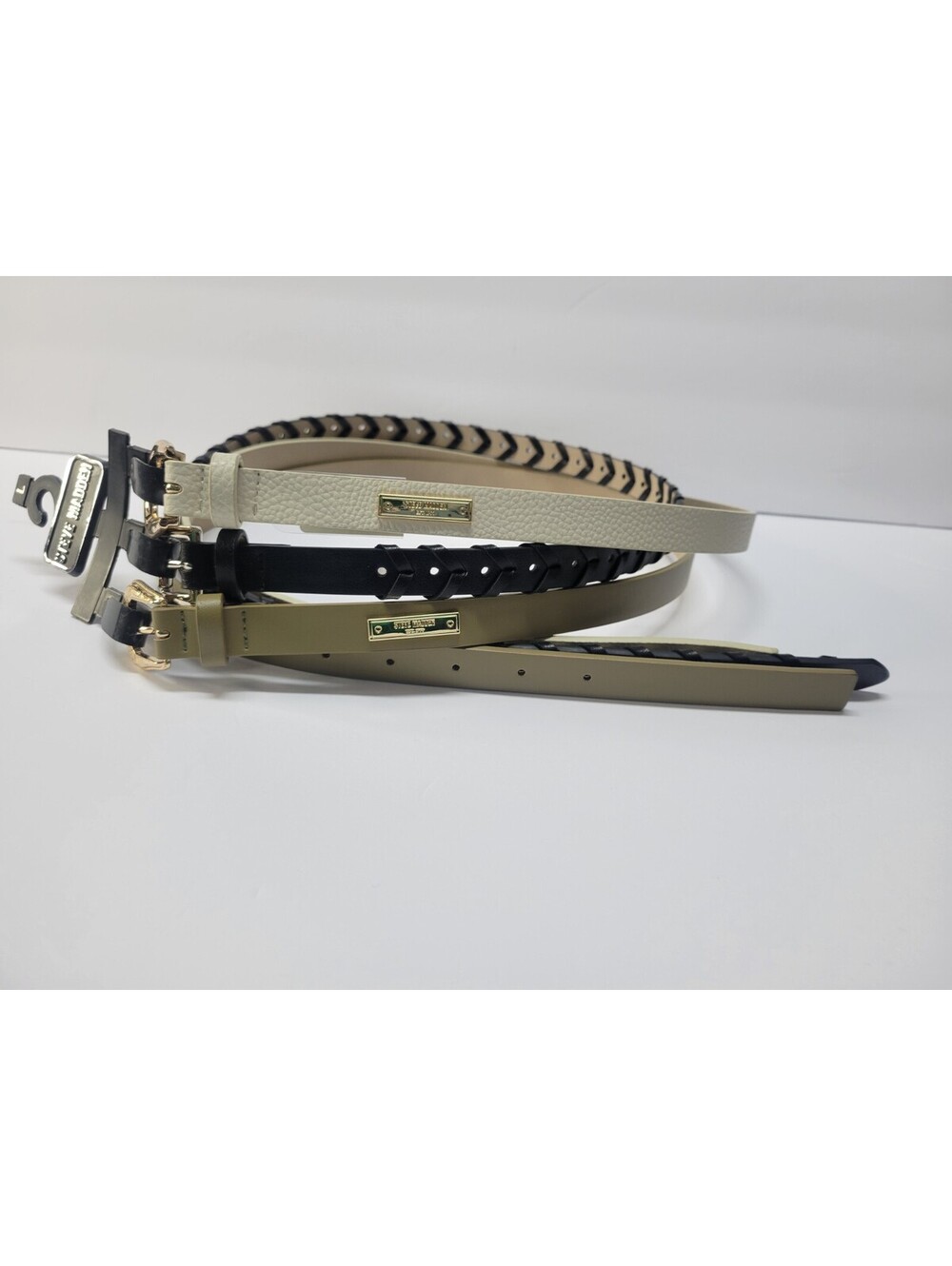 Steve Madden Womens 3-For-1 Skinny Belts Black, White & Brown Size Large **NEW**